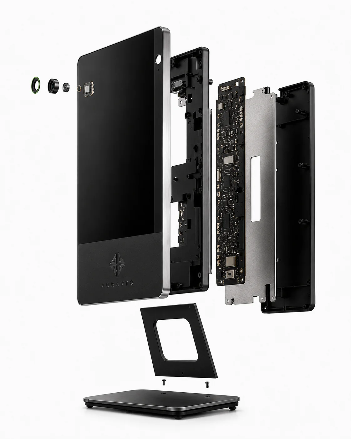 ORA Try-On Mirror — exploded view of display, compute, camera and base
